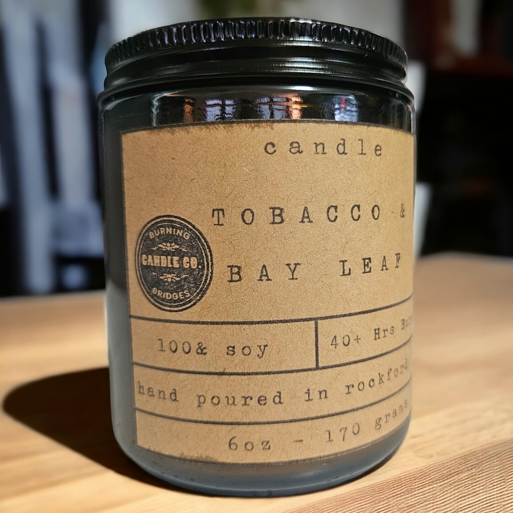Hand Poured 6 oz Candle - Tobacco & Bay Leaf Scent